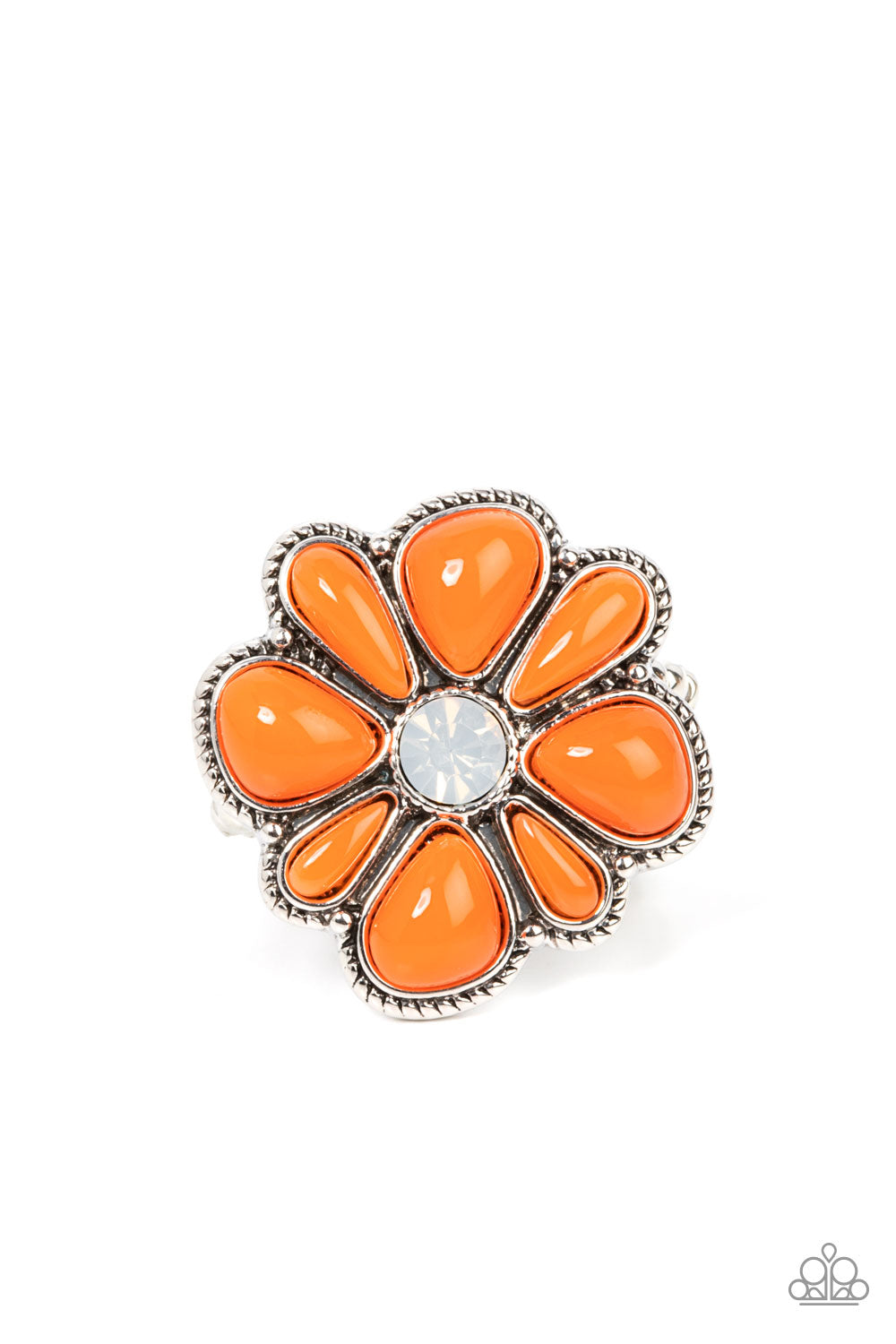Meadow Mystique - Orange and Silver Fashion Ring - Paparazzi Accessories - Featuring asymmetrical cuts, glassy orange stones bloom from an opal white rhinestone center atop a studded silver backdrop for a colorful floral fashion. Features a stretchy band for a flexible fit.
