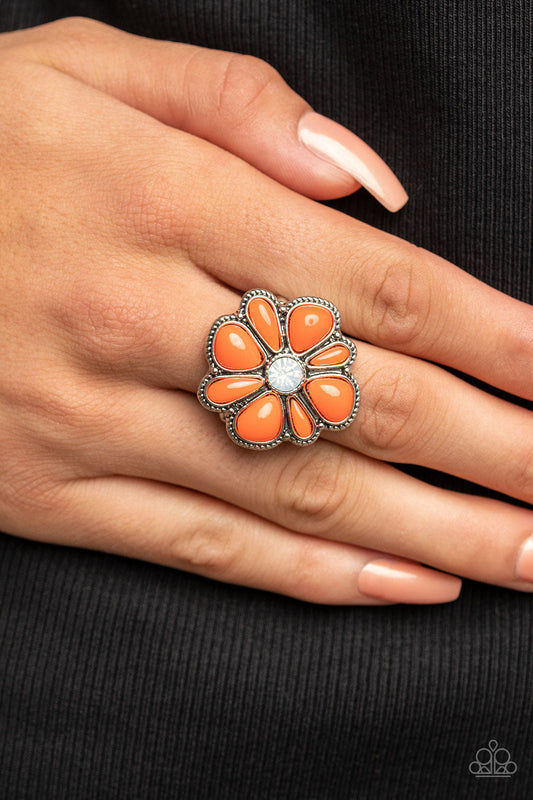 Meadow Mystique - Orange and Silver Fashion Ring - Paparazzi Accessories - Featuring asymmetrical cuts, glassy orange stones bloom from an opal white rhinestone center atop a studded silver backdrop for a colorful floral fashion. Features a stretchy band for a flexible fit. 