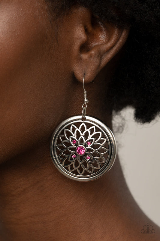 Mega Medallions - Pink and Silver Fashion Earrings - Paparazzi Accessories - Glittery pink rhinestone center, airy silver petals bloom across the front of a silver hoop, for a sparkly medallion-like frame. Earring attaches to a standard fishhook fitting.