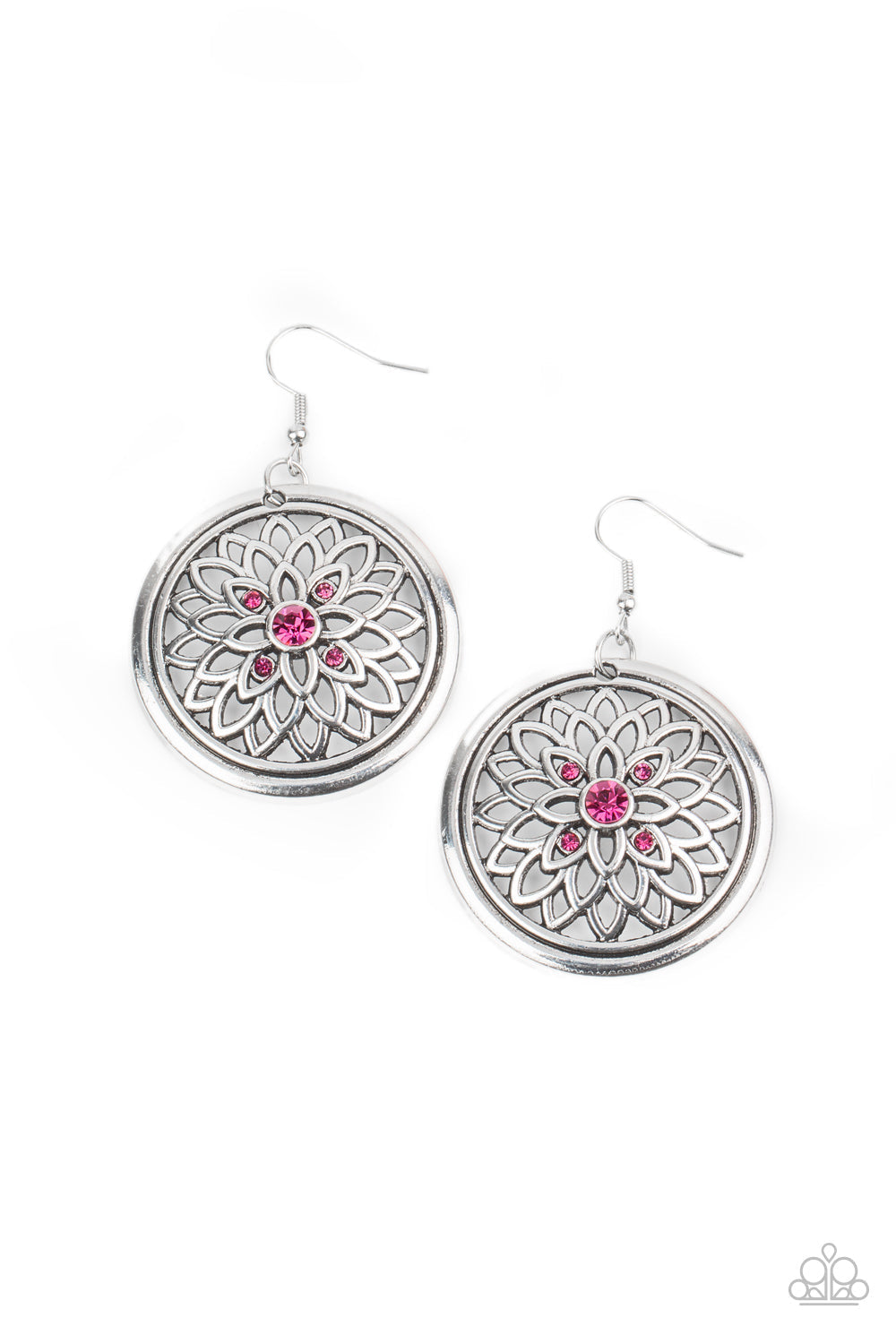 Mega Medallions - Pink and Silver Earrings - Paparazzi Jewelry - Bejeweled Accessories By Kristie - Glittery pink rhinestone center, airy silver petals bloom across the front of a silver hoop, for a sparkly medallion-like frame. Earring attaches to a standard fishhook fitting.