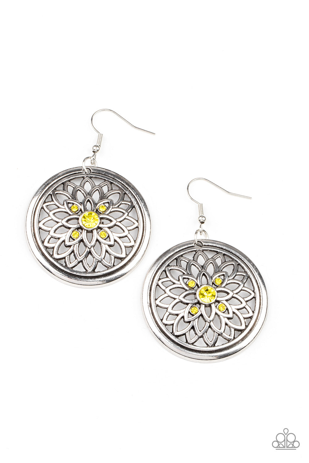 Mega Medallions - Yellow and Silver Earrings - Paparazzi Accessories - Dotted with a glittery yellow rhinestone center, airy silver petals bloom across the front of a rustic silver hoop, creating a sparkly medallion-like frame. Earring attaches to a standard fishhook fitting. Sold as one pair of earrings.