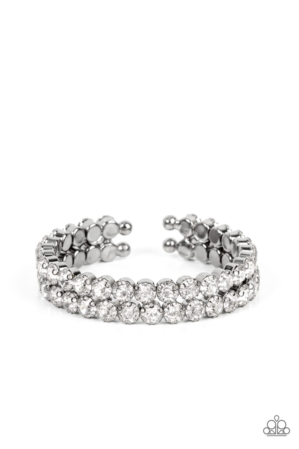 Megawatt Majesty - Black Gunmetal - Rhinestone Cuff Bracelet - Paparazzi Accessories - Trendy fashion jewelry for everyone - Encased in sleek gunmetal fittings, two oversized rows of glassy white rhinestones stack into a blinding cuff around the wrist for a jaw-dropping look. Sold as one individual bracelet.