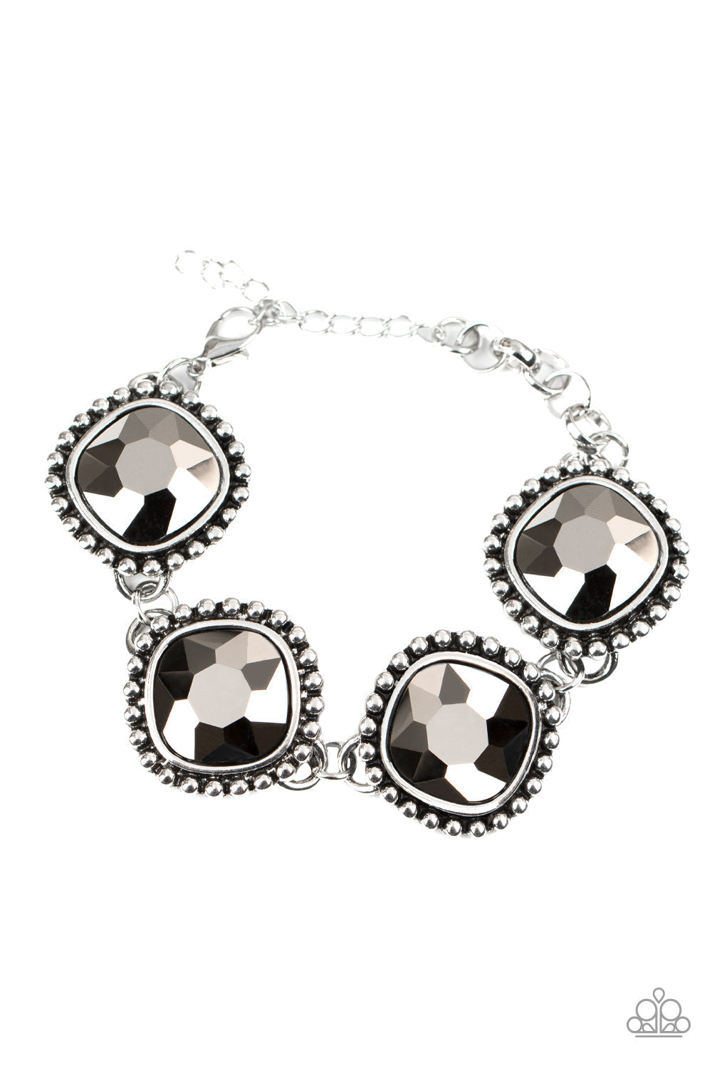 Megawatt - Silver Hematite Bracelet - Paparazzi Accessories - Exaggerated display of oversized hematite rhinestone encrusted frames delicately link around the wrist for a blinding look. Features an adjustable clasp closure. Sold as one individual bracelet.