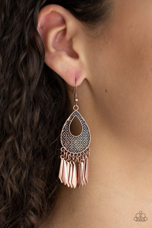 Metallic Funk - Copper Fashion Earrings - Paparazzi Accessories - Unique Geometric pattern a glistening copper teardrop gives way to a fringe of flared copper rods. Earring attaches to a standard fishhook fitting. 