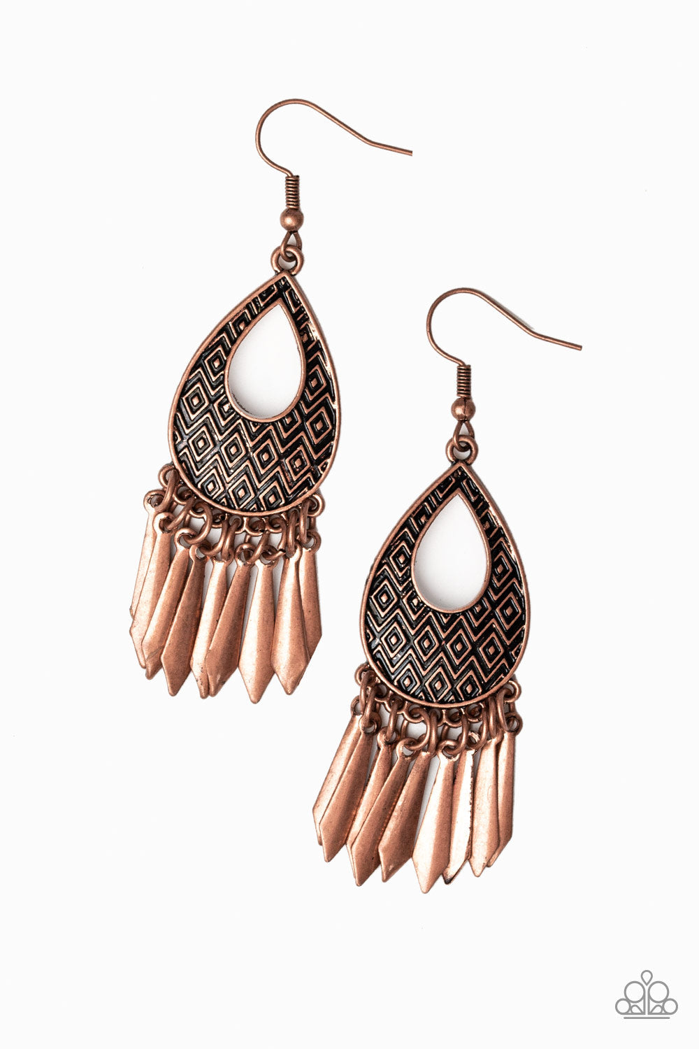 Metallic Funk - Copper Earrings - Paparazzi Accessories - Geometric pattern a glistening copper teardrop gives way to a fringe of flared copper rods. Earring attaches to a standard fishhook fitting. 