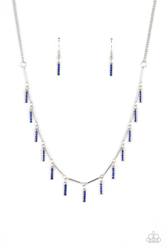 Metro Muse - Blue and Silver Necklace - Paparazzi Accessories - This unique necklace has glittery blue rhinestones, dainty silver rectangular frames between shiny silver bars along the collar, creating a dainty fringe.