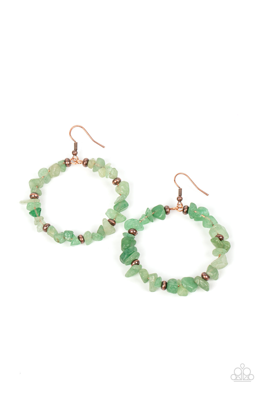 Mineral Mantra - Jade Green Earrings - Paparazzi Accessories - Infused with dainty copper beaded accents, pieces of jade stone are threaded along a copper wire hoop for an artisan inspired vibe. Earring attaches to a standard fishhook fitting. Sold as one pair of earrings.
