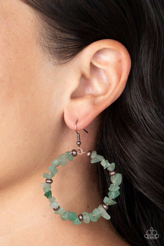 Mineral Mantra - Jade Green Earrings - Paparazzi Accessories - Infused with dainty copper beaded accents, pieces of jade stone are threaded along a copper wire hoop for an artisan inspired vibe. Earring attaches to a standard fishhook fitting. Sold as one pair of earrings.