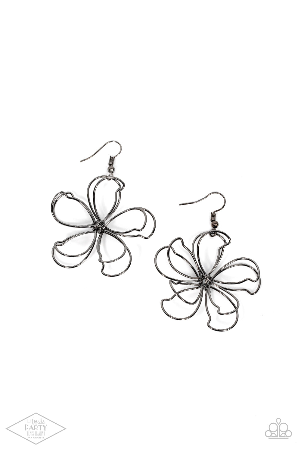 Miss Daisy - Gunmetal - Black Metal - Large Flower Earrings - Paparazzi Accessories - Intricate wires with a gunmetal finish are shaped like petals and knotted in the center to create a delicate silhouette of a daisy. Earring attaches to standard fishhook fittings.
