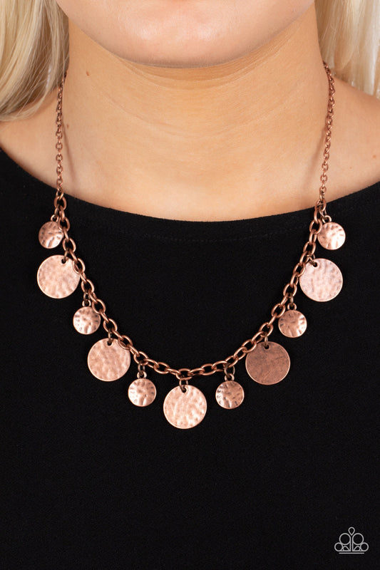 Model Medallions - Copper Necklace - Paparazzi Accessories - Copper discs in a variety of sizes dance along a copper chain in a charming display. The discs are hammered in texture, adding rustic, handcrafted detail to the design.