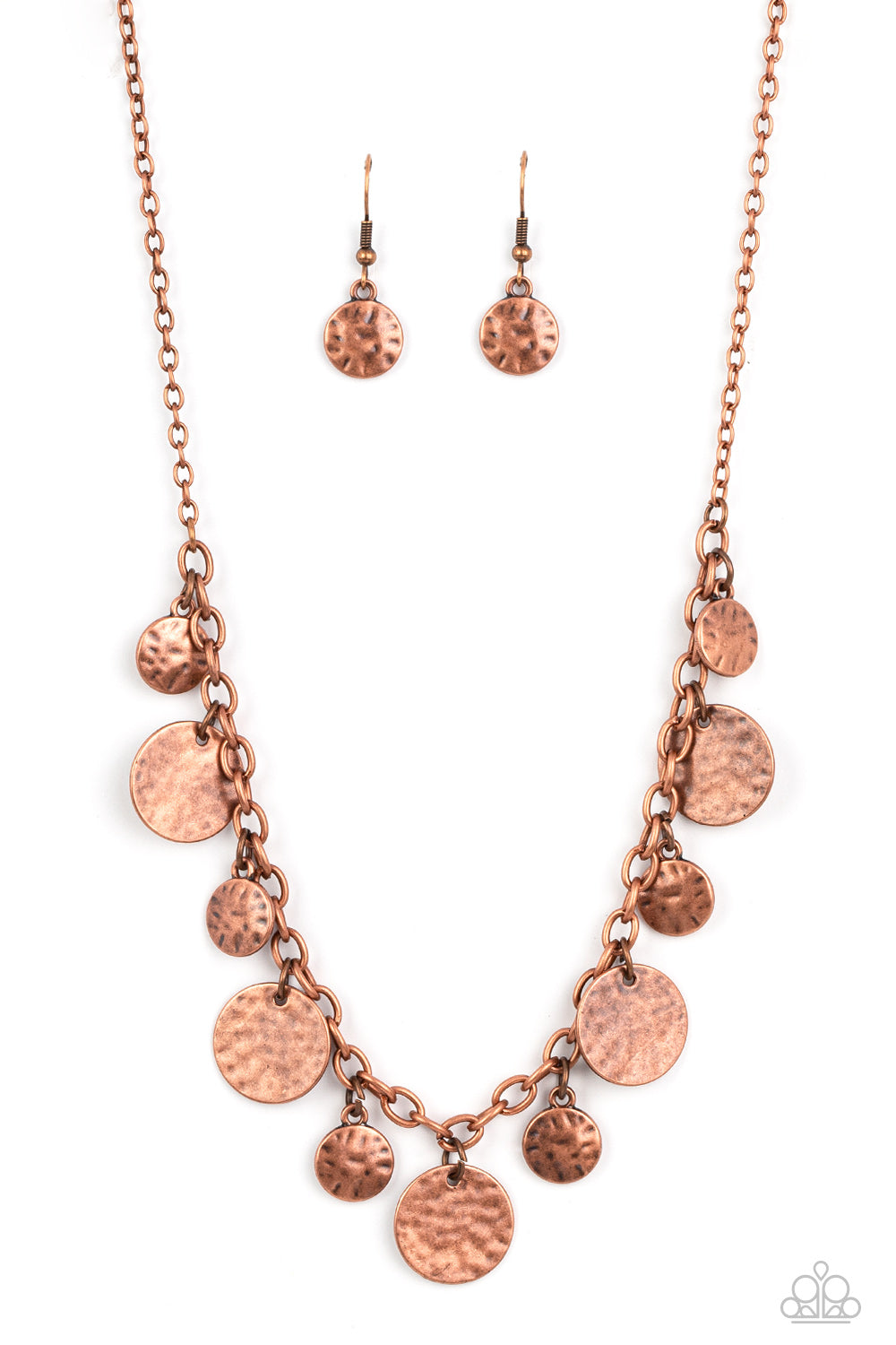 Model Medallions - Copper Necklace - Paparazzi Accessories - Copper discs in a variety of sizes dance along a copper chain in a charming display. The discs are hammered in texture, adding rustic, handcrafted detail to the design.