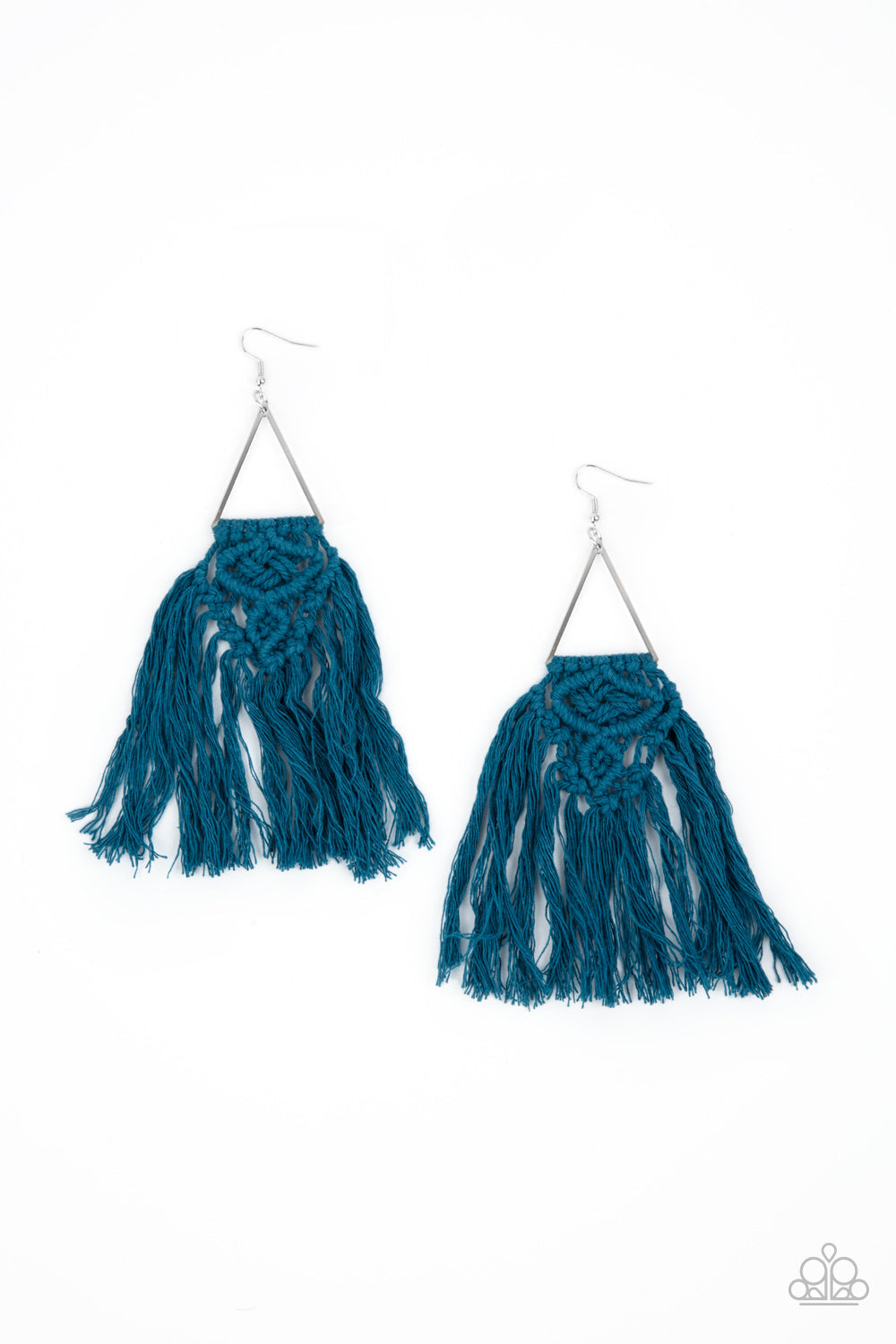 Modern Day Macrame - Blue Macrame Earrings - Paparazzi Accessories - Blue threaded tassels ornately knot at the bottom of a shimmery silver triangular frame, creating a macramé inspired fringe. Earring attaches to a standard fishhook fitting. Sold as one pair of earrings.
