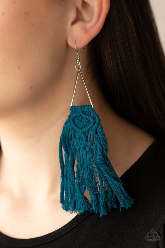 Modern Day Macrame - Blue Macrame Earrings - Paparazzi Accessories - Blue threaded tassels ornately knot at the bottom of a shimmery silver triangular frame, creating a macramé inspired fringe. Earring attaches to a standard fishhook fitting. Sold as one pair of earrings.