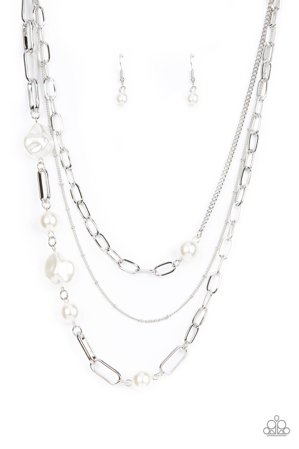 Modern Innovation - White Pearl and Silver Necklace - Paparazzi Accessories - Bejeweled Accessories By Kristie - Round and imperfectly faceted white pearls adorn an assortment of mismatched chunky and dainty silver chains, for an edgy refinement below the collar. Fashion necklace has an adjustable clasp closure.