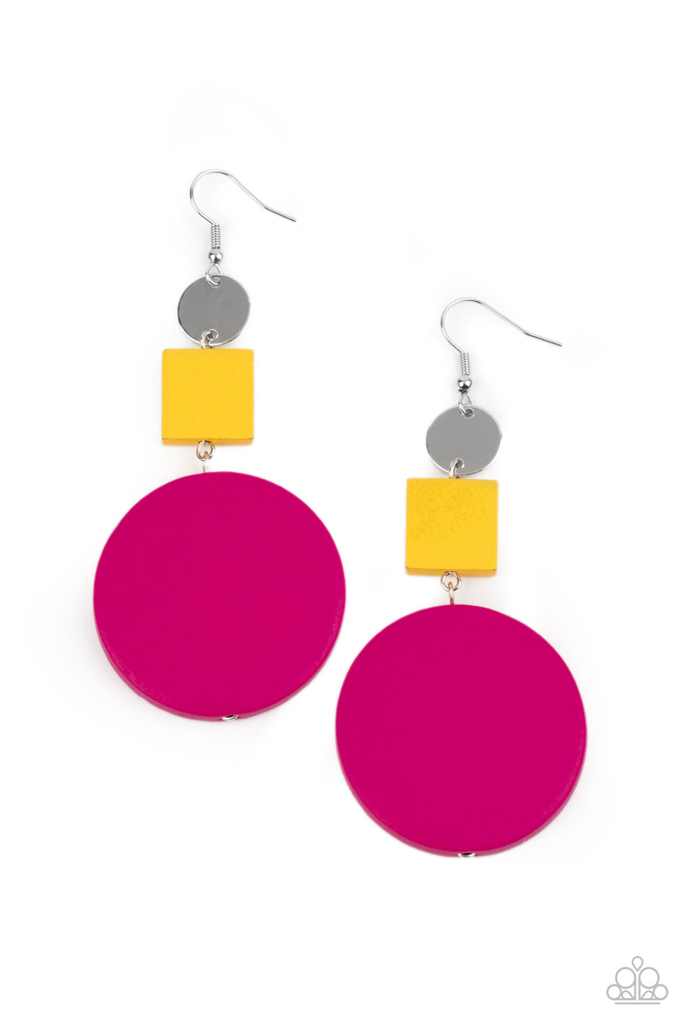​Modern Materials - Multi Color ( Pink and Yellow) Wood Earrings - Paparazzi Accessories -A shiny silver disc, yellow wooden square, and oversized pink wooden circle delicately link into a colorfully retro lure for a trendsetting finish. Earring attaches to a standard fishhook fitting. Sold as one pair of earrings.