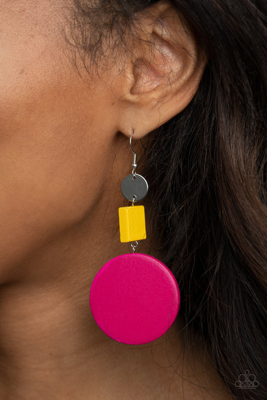 ​Modern Materials - Pink and Yellow Wood Earrings - Paparazzi Accessories - A shiny silver disc, yellow wooden square, and oversized pink wooden circle delicately link into a colorfully retro lure for a trendsetting finish. Earring attaches to a standard fishhook fitting. Sold as one pair of earrings.