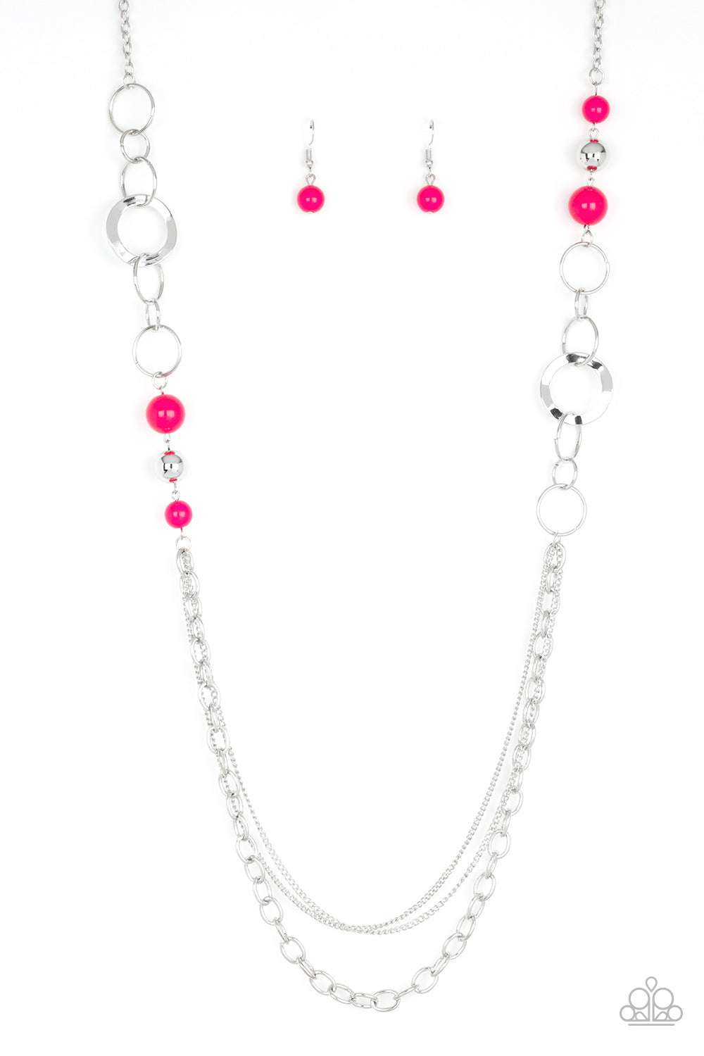 Modern Motley - Pink and Silver Necklace - Paparazzi Accessories - Vivacious pink beads, shiny silver beads, and glistening silver hoops give way to mismatched silver chains for a whimsical look. Features an adjustable clasp closure. Sold as one individual necklace.