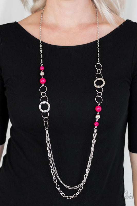Modern Motley - Pink and Silver Fashion Necklace - Paparazzi Accessories - Vivacious pink beads, shiny silver beads, and glistening silver hoops give way to mismatched silver chains for a whimsical look.
