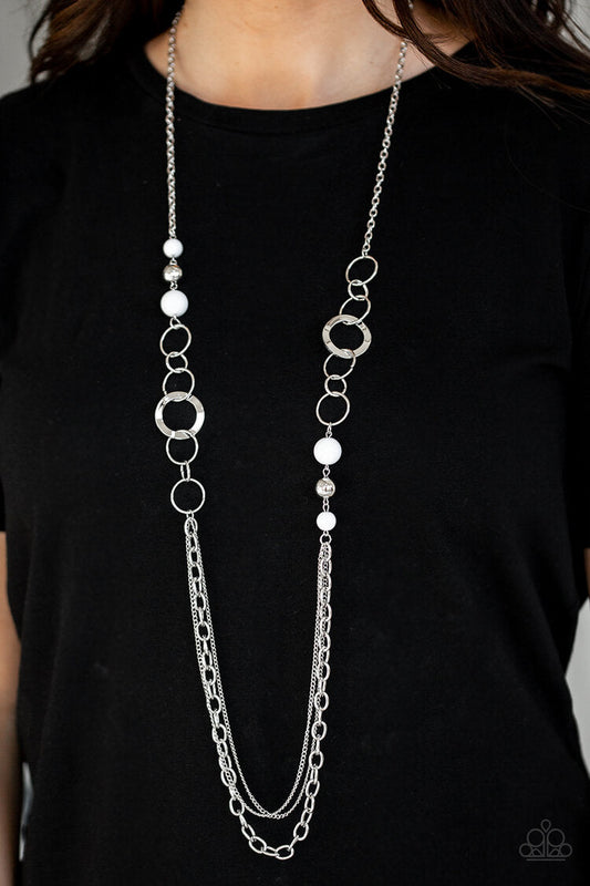 Modern Motley - White and Silver Necklace - Paparazzi Accessories - Refreshing white beads, shiny silver beads, and glistening silver hoops give way to mismatched silver chains for a whimsical look. Features an adjustable clasp closure. Sold as one individual necklace.