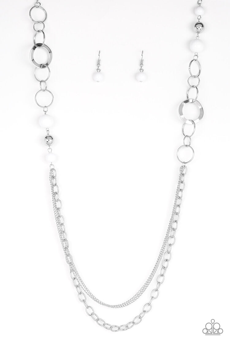 Modern Motley - White and Silver Fashion Necklace - Paparazzi Accessories - Refreshing white beads, shiny silver beads, and glistening silver hoops give way to mismatched silver chains for a whimsical look. Features an adjustable clasp closure. Sold as one individual necklace.