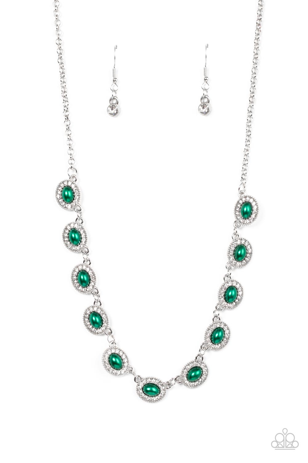 Modest Masterpiece - Green Pearl Necklace - Paparazzi Accessories - Encased in rings of glassy white rhinestones, oval Leprechaun pearl dotted frames delicately link into a twinkly display below the collar for a timeless fashion. Features an adjustable clasp closure. Sold as one individual necklace.