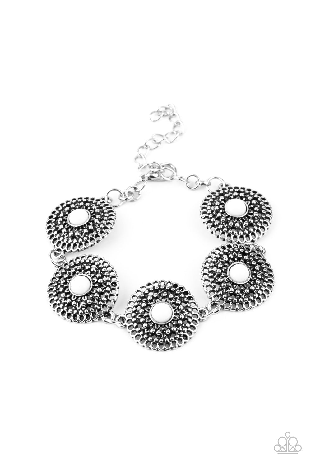 Mojave Mandalas - White and Silver Stylish Bracelet - Paparazzi Accessories - Dotted with dainty white beaded centers, shimmery studded silver floral frames delicately linked around the wrist for a colorfully whimsical look. Features an adjustable clasp closure. Trendy fashion jewelry for everyone.