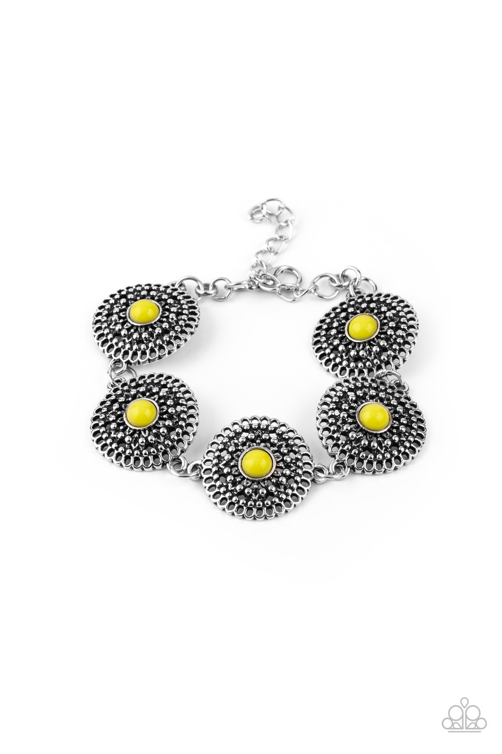 Mojave Mandalas - Yellow and Silver Bracelet - Paparazzi Accessories - Dotted with dainty yellow beaded centers, shimmery studded silver floral frames delicately link around the wrist for a colorfully whimsical look. Features an adjustable clasp closure. Sold as one individual bracelet.