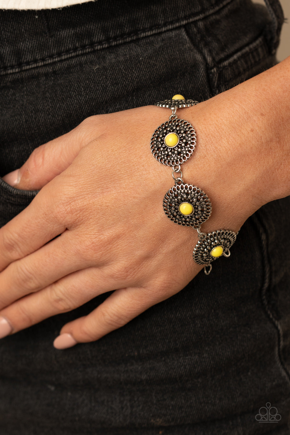 Mojave Mandalas - Yellow and Silver Bracelet - Paparazzi Accessories - Dotted with dainty yellow beaded centers, shimmery studded silver floral frames delicately link around the wrist for a colorfully whimsical look. Features an adjustable clasp closure. Sold as one individual bracelet.