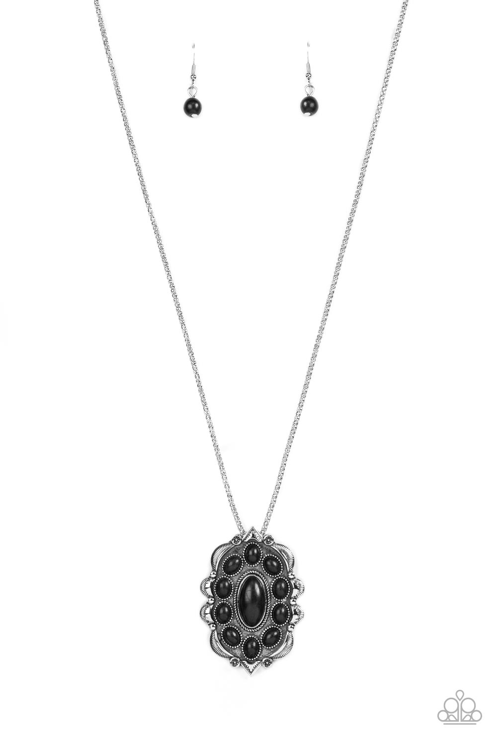 Mojave Medallion - Black Stone - Silver Necklace - Paparazzi Accessories - Earthy black oval stones embellish the front of a decoratively scalloped silver frame, creating a whimsical floral pendant at the bottom of an extended silver popcorn chain.