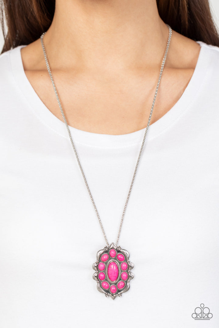 Mojave Medallion - Pink and Silver Necklace - Paparazzi Accessories - Vivacious pink oval stones embellish the front of a decoratively scalloped silver frame, creating an earthy floral pendant at the bottom of an extended silver popcorn chain. Features an adjustable clasp closure. Sold as one individual necklace.