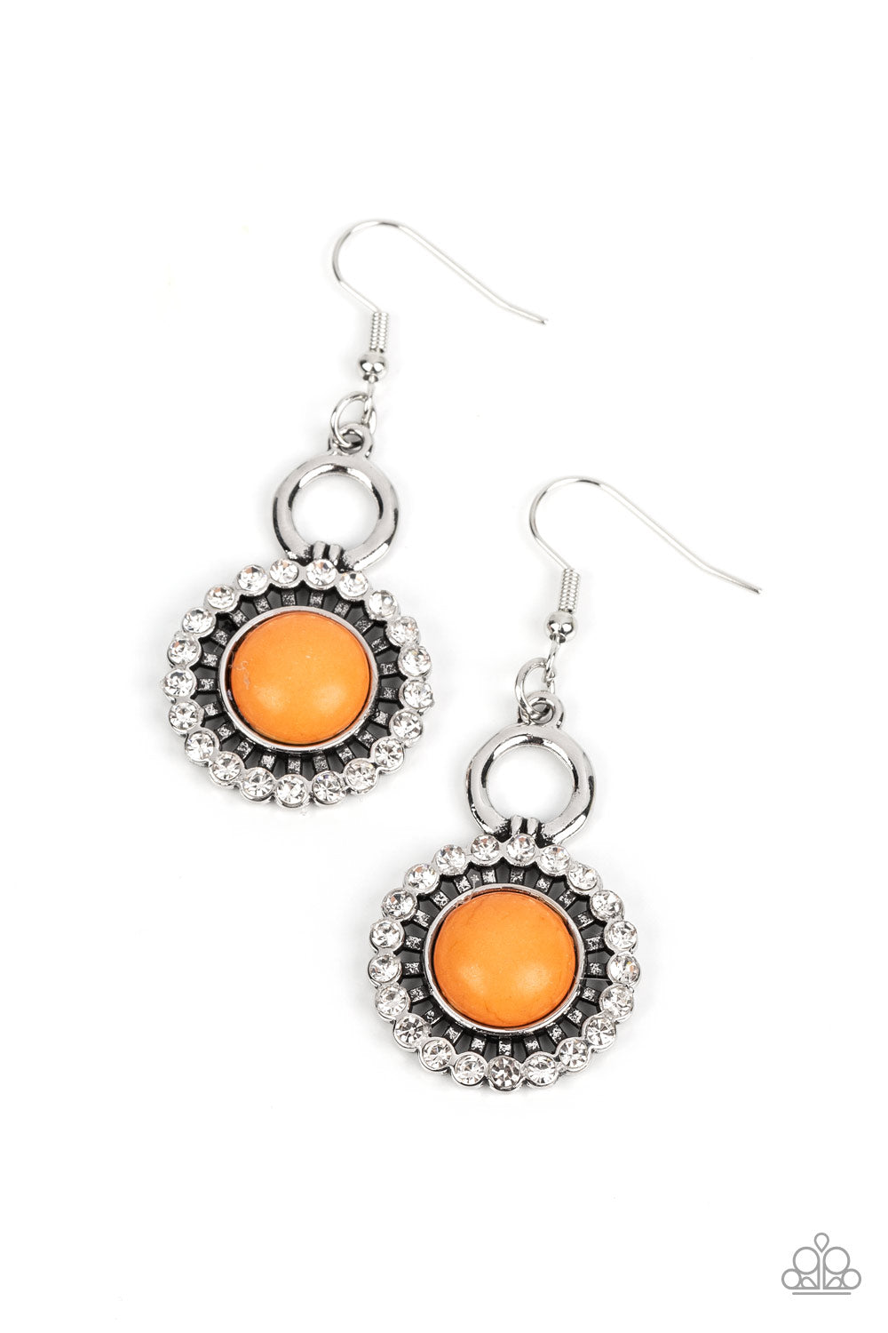 Mojave Mogul - Orange Crackle Stone and Silver Earrings - Paparazzi Accessories - a dainty circle of glassy white rhinestones fans out from an orange stone center, creating an artisan-inspired sparkle. Earring attaches to a standard fishhook fitting. - Trendy fashion jewelry for everyone -