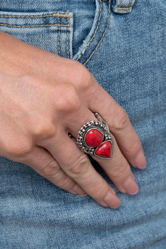 Mojave Mosaic - Red Stone and Silver Ring - Paparazzi Accessories - Two dainty red stones dot the center of an ornate silver frame stamped and embossed in tribal inspired patterns for a seasonal look. Features a stretchy band for a flexible fit. Sold as one individual ring.