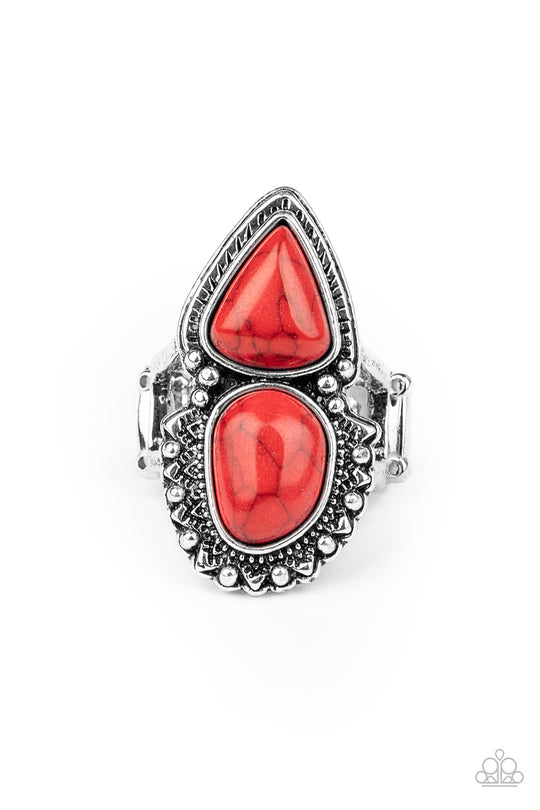 Mojave Mosaic - Red Stone and Silver Ring - Paparazzi Accessories - Two dainty red stones dot the center of an ornate silver frame stamped and embossed in tribal inspired patterns for a seasonal look. Features a stretchy band for a flexible fit. Sold as one individual ring.
