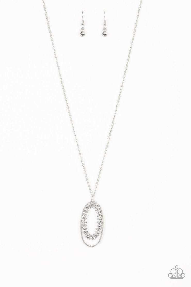 Money Mood - White and Silver Fashion Necklace - Paparazzi Accessories - Ringed in a studded silver frame, glittery white rhinestones collect into glamorous pendant at the bottom of a lengthened silver chain for a refined flair. Features an adjustable clasp closure.