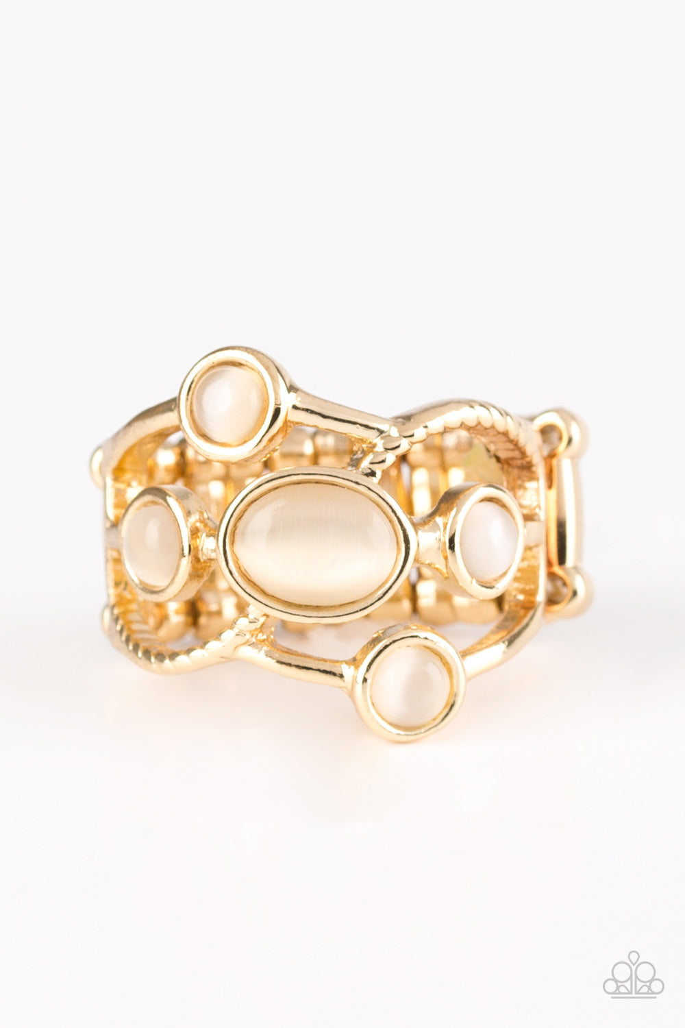 Moon Mood - Gold Moonstone Ring - Paparazzi Accessories - Featuring smooth and textured finishes, glistening gold bars swoop across the finger, coalescing into an airy band. Varying in shape, glowing moonstones dot the swaying bands for a refined finish. Features a stretchy band for flexible fit. Sold as one individual ring.