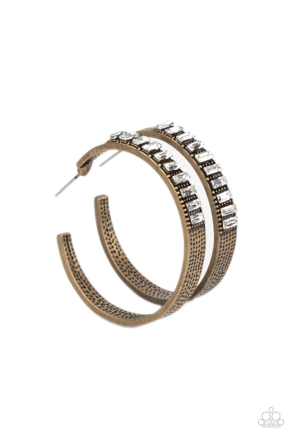 More To Love - Brass Hoop Earrings - Paparazzi Accessories - The top half of a thick textured brass frame is lined in a stack of emerald cut white rhinestones, creating an unexpected pop of shimmer. Earring attaches to a standard post fitting. Hoop measures approximately 1 3/4” in diameter. Sold as one pair of hoop earrings.