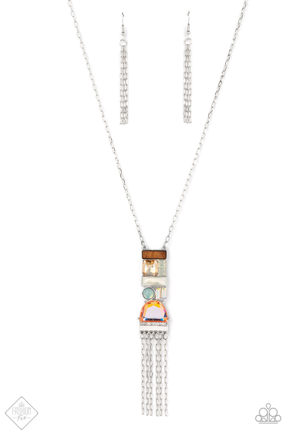 Ms. DIY - Multi Color Gem - Silver Necklace - Paparazzi Accessories - Geometric shapes in various colors gathers into a trendy art deco-inspired pendant. An array of materials like wood, opal, and glittery gems add a handcrafted vibe to the pendant on a long silver chain, with a stream of sparkling silver chains.