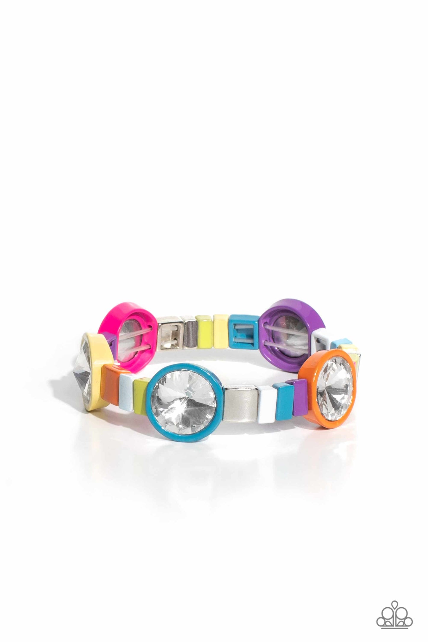Multicolored Madness - Multi Color Bracelet - Paparazzi Accessories - A colorful display, concaved circular frames in orange, yellow, purple, Pink Peacock, and blue shades feature white gems for a touch of sparkle bracelet.