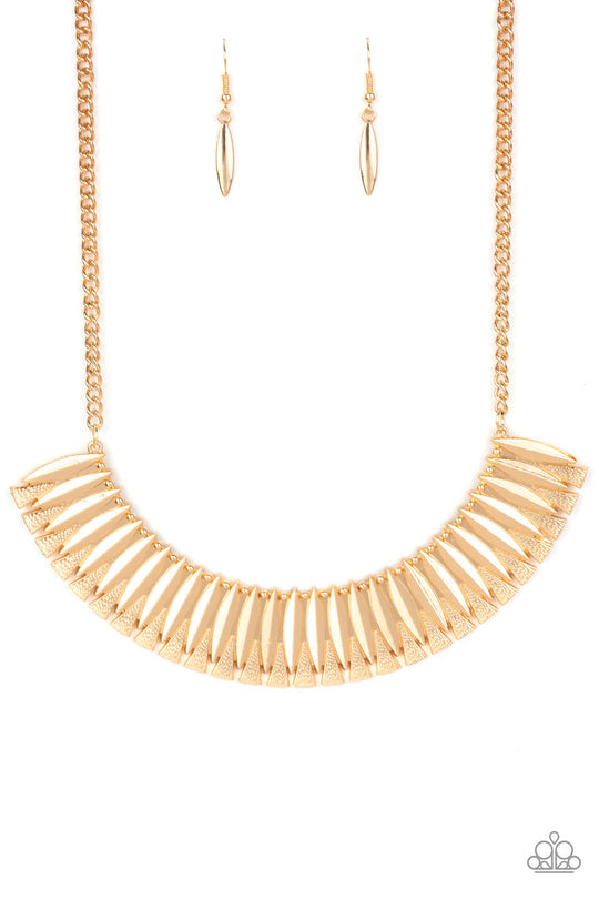 My Main Mane - Gold Necklace - Paparazzi Accessories - Infused with dainty gold studs, sleek geometric gold plates connect with hammered gold triangles, creating a fierce half-moon plate below the collar.