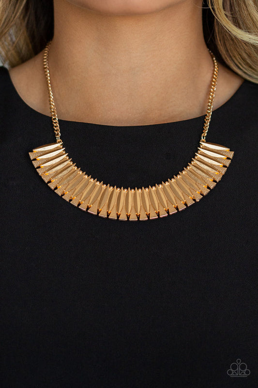 My Main Mane - Gold Necklace - Paparazzi Accessories - Infused with dainty gold studs, sleek geometric gold plates connect with hammered gold triangles, creating a fierce half-moon plate below the collar.