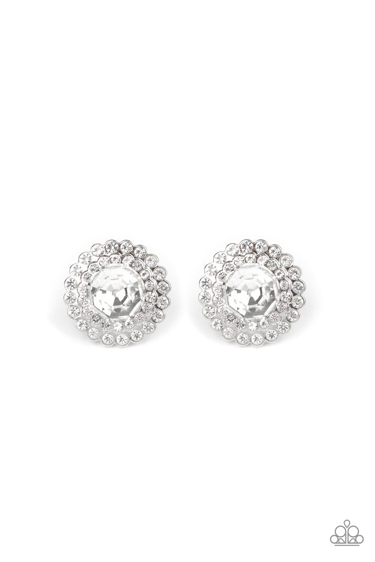 My Second Castle - White Gem and Silver Fashion Earrings - Paparazzi Accessories - An oversized white gem is pressed into a shimmery silver frame stacked with glittery white rhinestones for a glamorous touch. Earring attaches to a standard post fitting. Sold as one pair of post earrings.