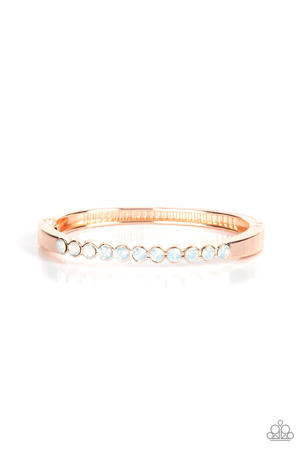 Mystical Masterpiece - Rose Gold Hinge Bracelet - Paparazzi Accessories - An opalescent row of white rhinestones hinges to a glistening rose gold bar that curves around the wrist, creating a sparkly cuff-like bracelet. Features a hinged closure. 