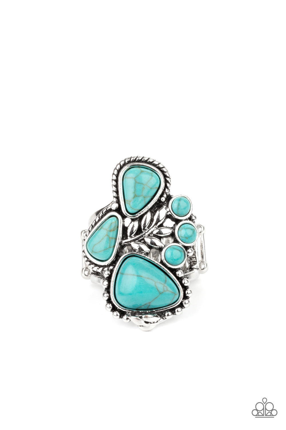 Mystical Mesa - Blue Turquoise and Silver Ring - Paparazzi Accessories - Featuring round and teardrop shapes, a refreshing collection of turquoise stones gather around a leafy silver accent, creating a whimsical center atop the finger. Features a stretchy band for a flexible fit. Sold as one individual fashion ring.