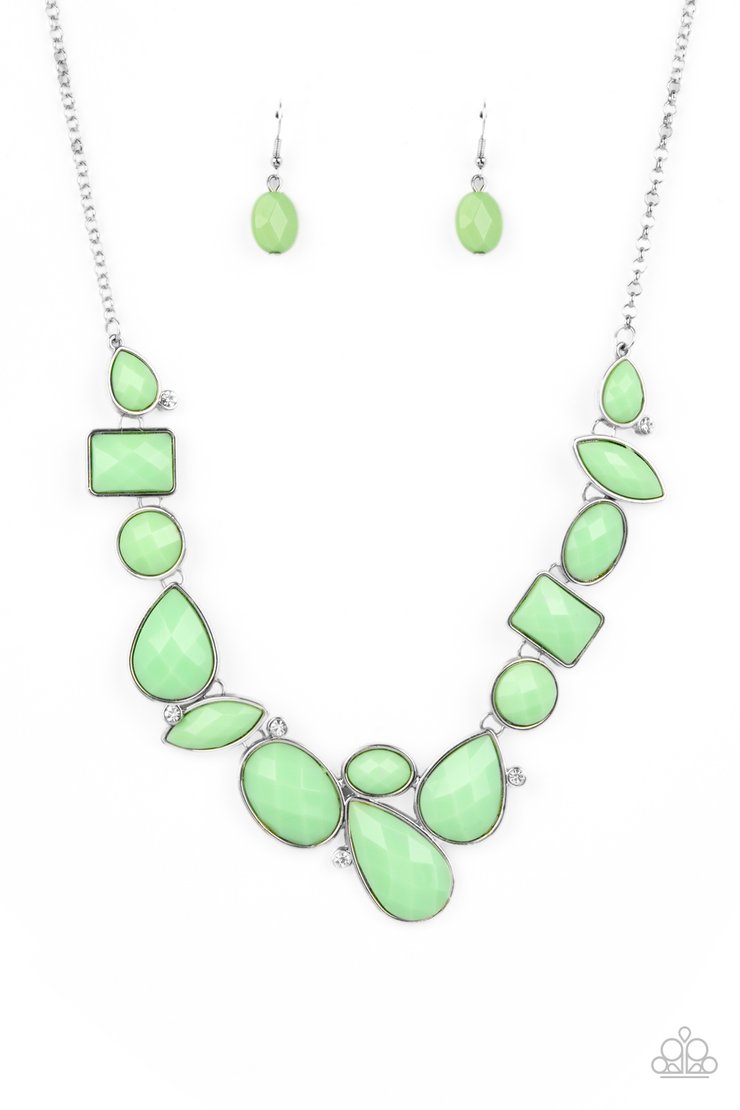 Mystical Mirage - Green and Silver Necklace - Paparazzi Accessories - Minty hue of Green Ash teardrop, rectangular, and round beaded frames. Hints of glassy white rhinestones are scattered throughout adding a dash of refinement to the colorful statement fashion necklace. Bejeweled Accessories By Kristie - Trendy fashion jewelry for everyone -