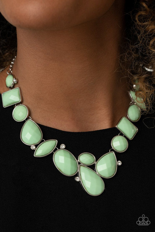 Mystical Mirage - Green and Silver Necklace - Paparazzi Accessories - Featuring the minty hue of Green Ash, mismatched teardrop, rectangular, and round beaded frames delicately link below the collar. Hints of glassy white rhinestones are scattered throughout the display, adding a dash of refinement to the colorful statement piece. Features an adjustable clasp closure.