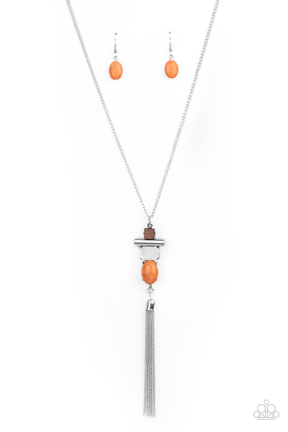 Natural Novice - Orange Stone - Wood - Silver Chain Necklace Necklaces Bejeweled Accessories By Kristie Featuring Paparazzi Jewelry - Trendy fashion jewelry for everyone -