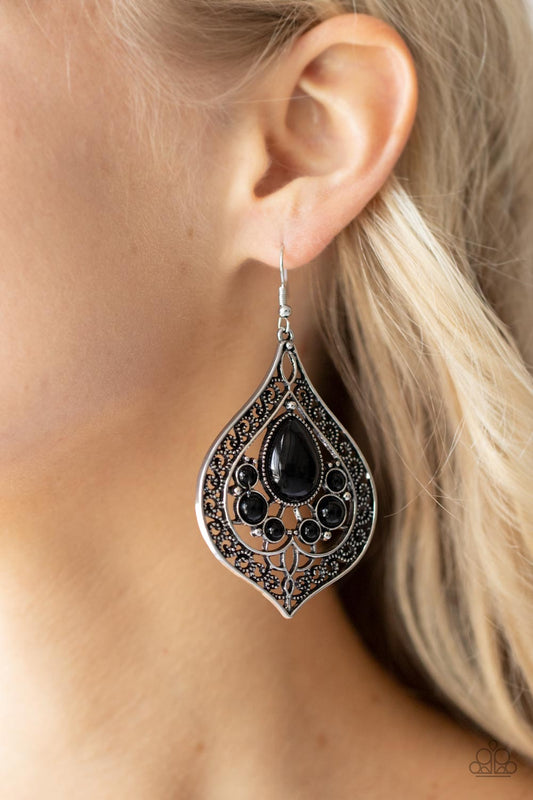 New Delhi Nouveau - Black and Silver Earrings - Paparazzi Accessories -Bordered in vine-like filigree, the center of an airy silver teardrop frame is dotted in bubbly black beads for an enchanting pop of color. Earring attaches to a standard fishhook fitting fashionearrings.  Bejeweled Accessories By Kristie - Trendy fashion jewelry for everyone -
