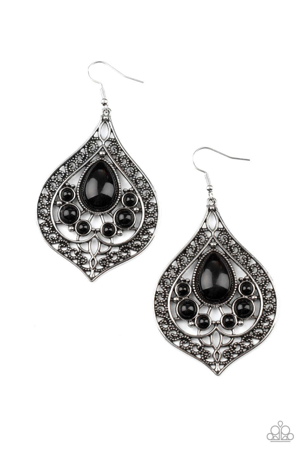 New Delhi Nouveau - Black and Silver Earrings - Paparazzi Accessories - 
Bordered in vine-like filigree, the center of an airy silver teardrop frame is dotted in bubbly black beads for an enchanting pop of color. Earring attaches to a standard fishhook fitting. Sold as one pair of earrings.
