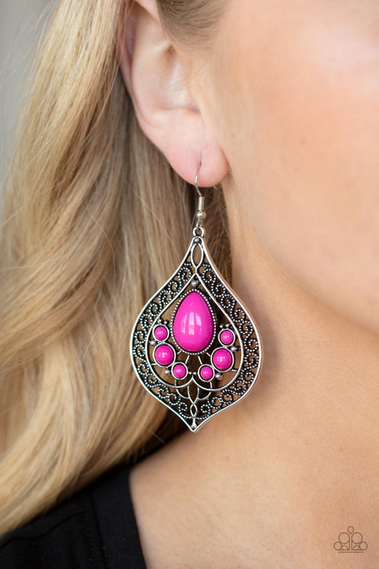 New Delhi Nouveau - Pink and Silver Earrings - Paparazzi Accessories - Bordered in vine-like filigree, the center of an airy silver teardrop frame is dotted in bubbly pink beads for colorful fashion earrings.