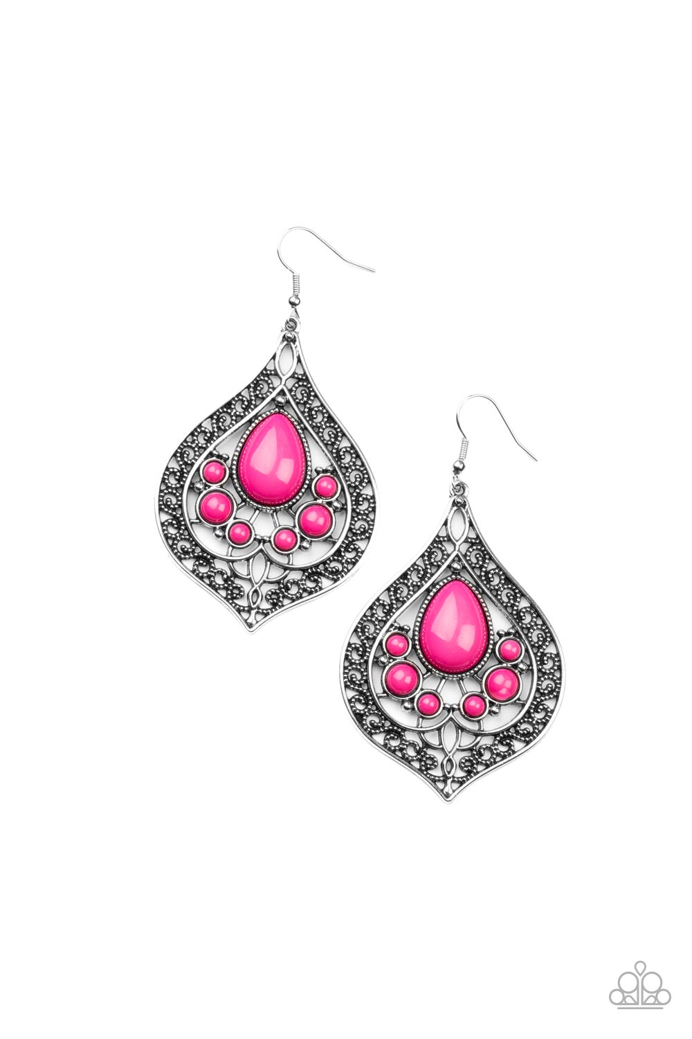 New Delhi Nouveau - Pink and Silver Earrings - Paparazzi Accessories - Bordered in vine-like filigree, the center of an airy silver teardrop frame is dotted in bubbly pink beads.  Bejeweled Accessories By Kristie - Trendy fashion jewelry for everyone -
